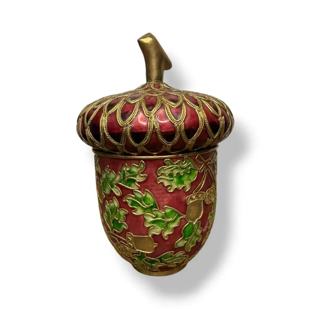 Vintage Cloisonné Enamel Acorn Trinket Box Decorated Jar Burgundy & Gold‎